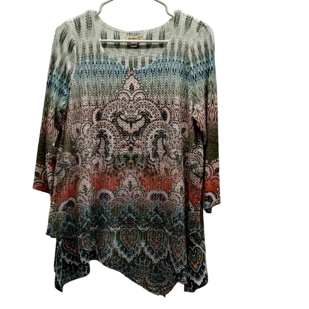 One World Women's Size Medium Mesh Tunic Top Green Orange Emblem 3/4 Sleeves
